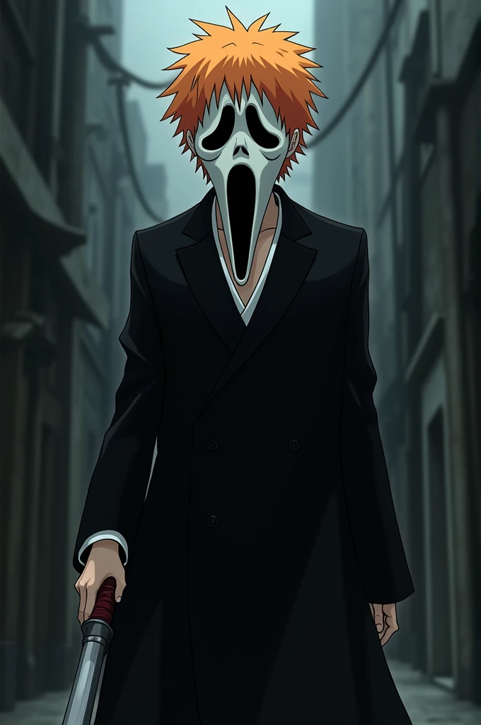 a mask completely destroyed and fragmented, completely glued together and with a broken horn appeared from the forehead ,hollow mask, bleach anime