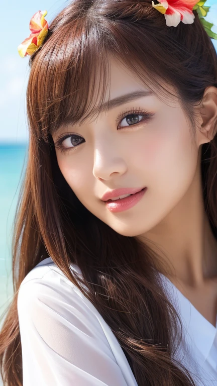 ((Highest quality、Tabletop、8k、Best image quality、Extremely complex and detailed))、(1 person photo:1.1)、The best smile for the camera、(Beautiful beaches:1.05)、(Fully expose the breasts:1.1)、(She has a single red hibiscus hair ornament on her head..:1.15)、(An open white polyester shirt:1.2)、High School Uniform、(Big on the verge of exploding:1.1)、(Accentuate your body lines:1.1)、Cleavage、(Face close-up:1.4)、Attractive body、Hair swaying in the wind、Sandy Beach、Beautiful sea、Recreate a deserted island in perfect detail、(clear, Sparkling, Live bees:1.1)、Complex sea glow、Beautiful seaの詳細が描かれています、Brightly lit face、Ultra-high definition beauty face、Ultra HD Hair、Super high-definition Sparkling eyes、(Pure white skin shining in ultra-high resolution:1.1)、Ultra-high resolution glossy lips、Sculpture Pose、(Very bright and vivid:1.2)