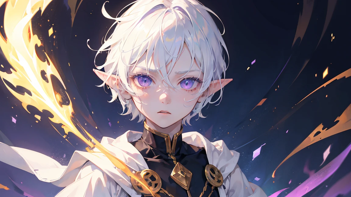 a 12-year-old boy, good person, albino with white skin, short white hair, white hair covering the ears, huge elf ears, pointed and hairy ears, purple eyes, telekinesis powers, no anger, cute shirt and pants, UHD, retina, masterpiece, accurate, anatomically correct, textured skin, super detail, high details, high quality, award winning, best quality, highres