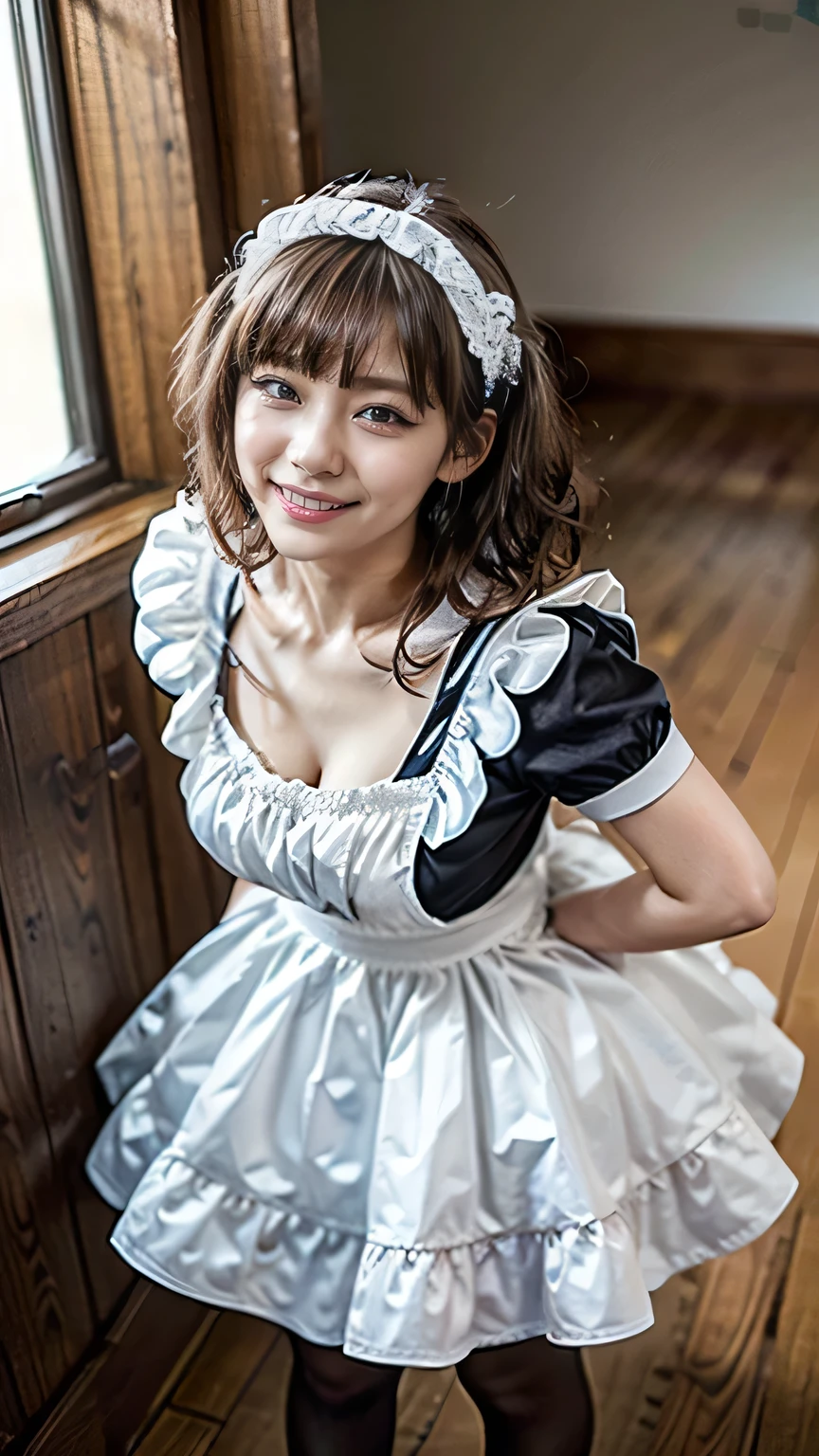 photo realistic, photo of over the knees, a girl in gold satin dress, diagonal standing pose:1.2, pretty face, Lolita Fashion, Colorful frilly satin costume:1.2, smile, Double teeth, detailed Face, detailed Eyes, Drooping eyebrows, blush, break, Bright lighting, low angle shot:1.6, 