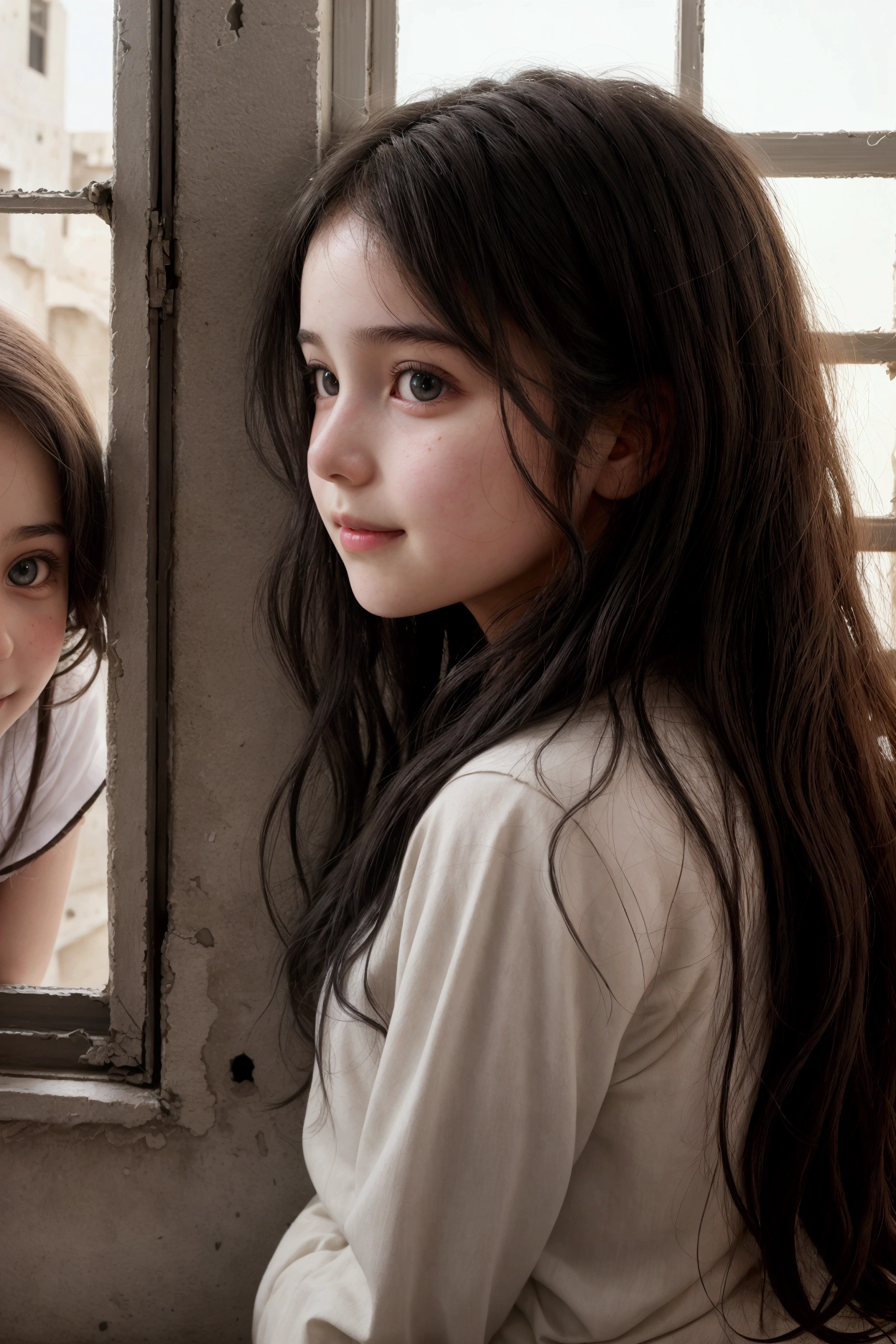 two hyporealistic 6--oldsth dirty clothes, with dirt on their faces and arms; Portrait of two very thin girls, delicate and cute features with a sad look, inside a basement, sharp facial features, cinematic, 35 mm lens, f/1.8, highlight lighting, global lighting –uplight –v 4