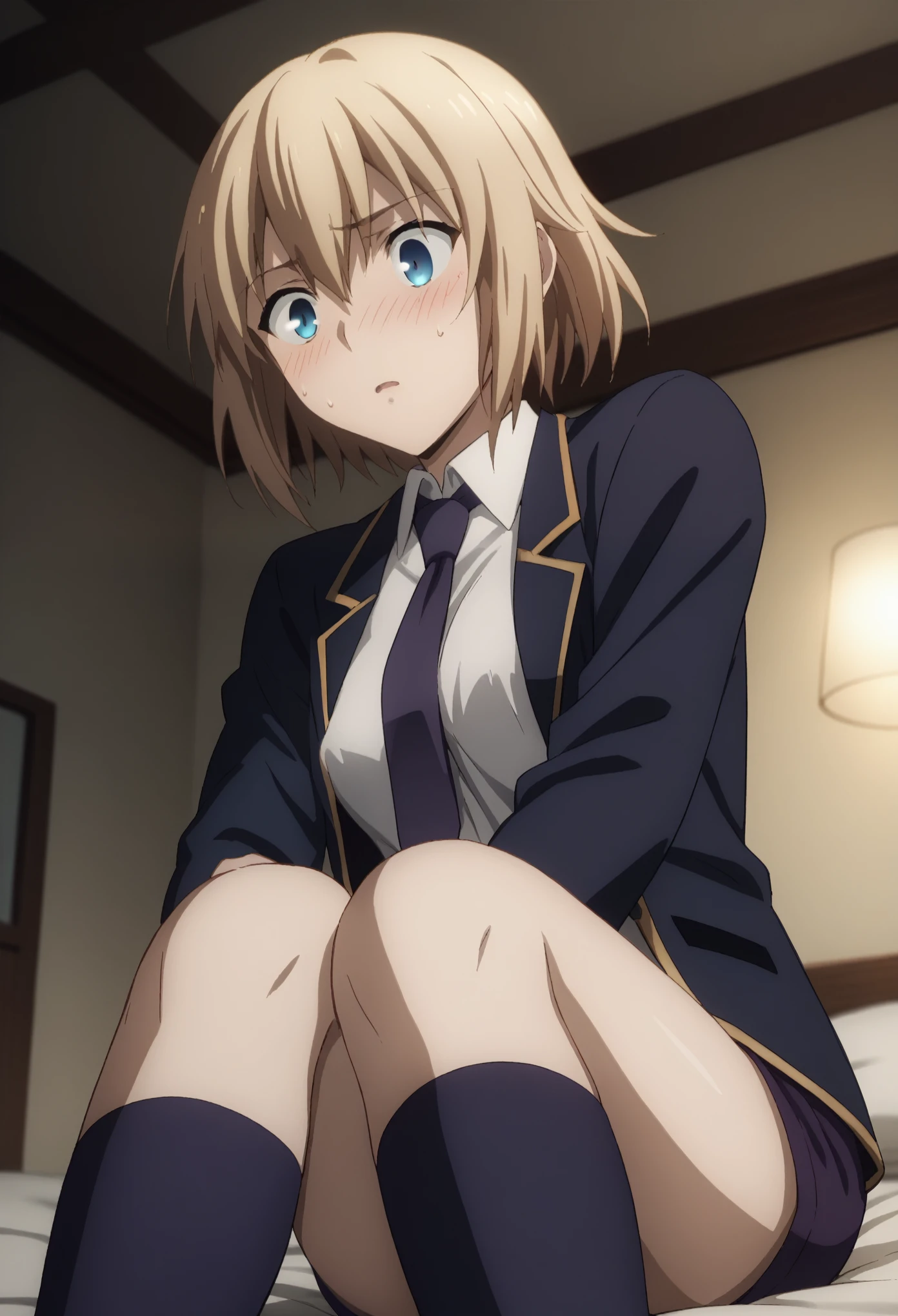 sauce_anime, ambient light,
fsn_ubw_style, Jean D. Arc,  1girl ,tall girl, straight hair ,short cut hair, blond hair, deep blue eyes,, hair between eyes, (eyes wide open), (surprised eyes) , perfect eyes , Perf, close up face:0.2 ,  
nsfw, show off nipples JeanSchool, purple jacket, collared shirt, white shirt, purple necktie, purple shorts, purple thighhighs ,  
indoors, bed, realistic bed room, ( Hugging one’s knees ), ,
cowboy shot, looking at below, solo, dutch angle, blush, medium breast, 