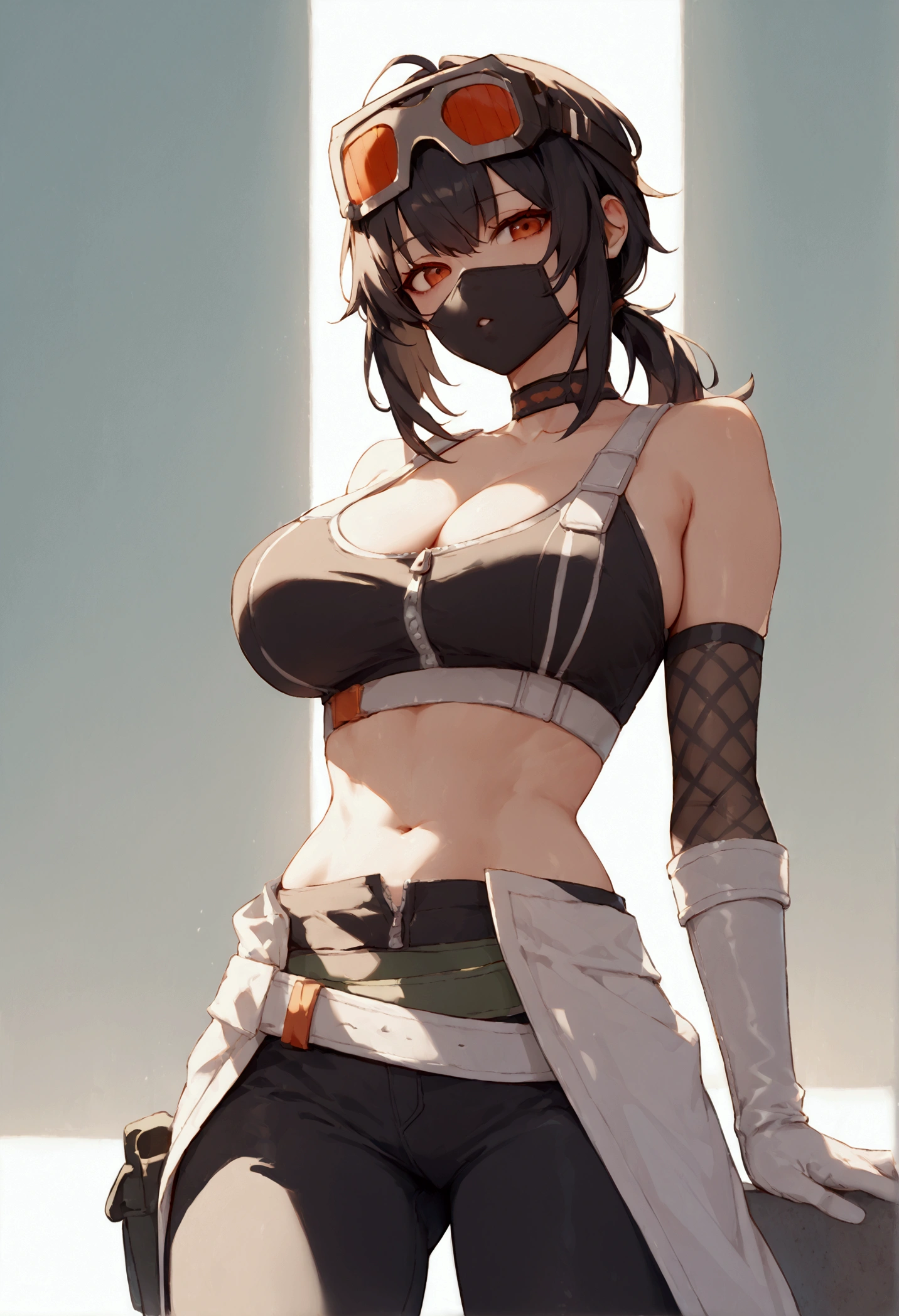 dark-skinned girl, big breasts, big ass, red eyes, tanlines, tomboy, string bikini, mouth mask, sweating, in a dimly lit room, bob cut,  black gloves, white sneakers, full body, sunny weather, from front, beautifully drawn eyes, perfect face, perfect body,  muscular, naval, abs, beautiful girl, disgruntled, choker, sexy pose, stockings