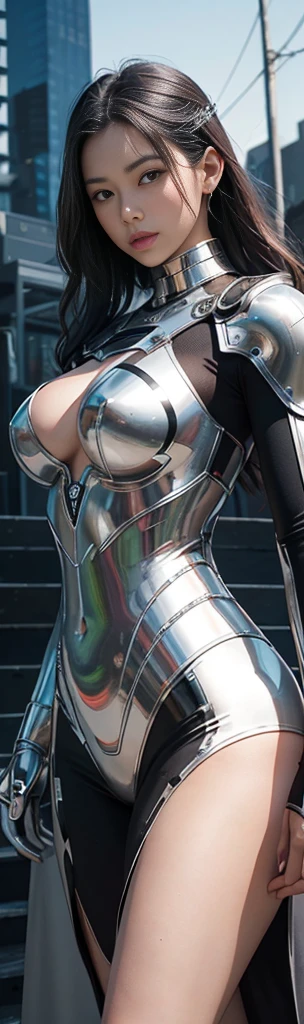 dynamic series of drawings showing a silver haired and blue eyed warrior girl., 8k, ultra high res, ultra detailed, hd,(well designed face), amazing face, (super detailed), beautiful eyes, soft lighting,, outdoors, streets,, URUSHISATO,1980s,, beautiful detailed eyes,mechanical parts, asymmetrical hair,thigh highs, latex suit,cleavage,