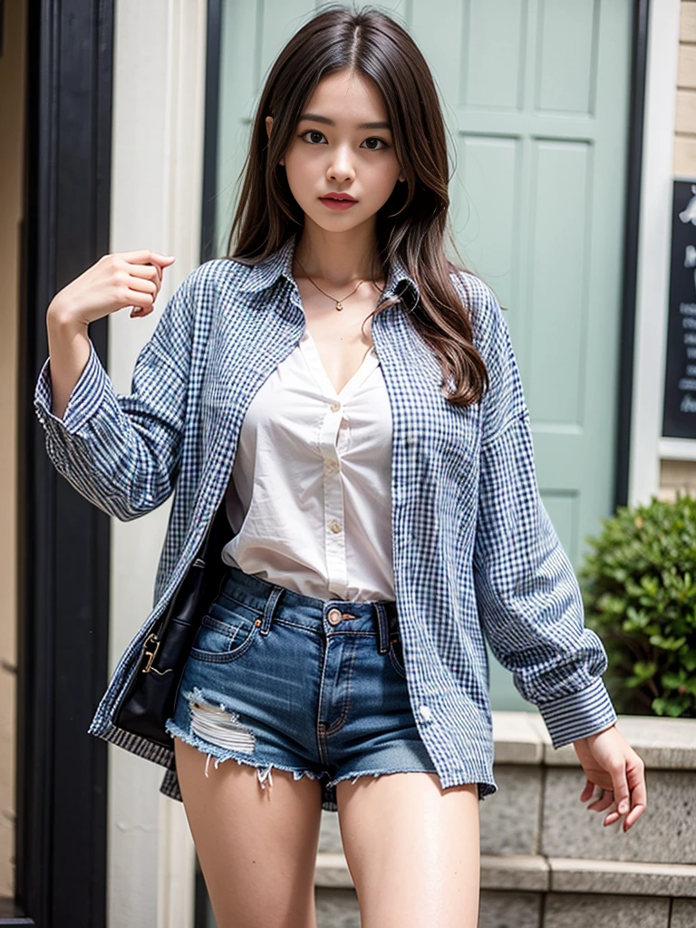 1girl,Checkered shirt, shorts,half body,The unbuttoned button