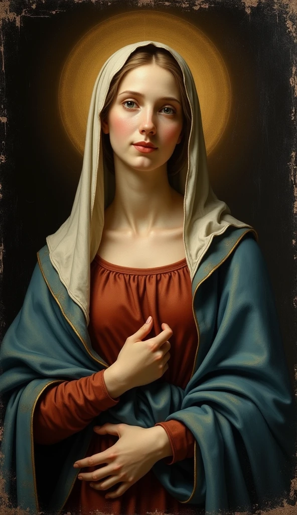 Beautiful Virgin Mary, looking at viewer gently, , A reddish beige tunic, Light blue cloak and veil, Halo