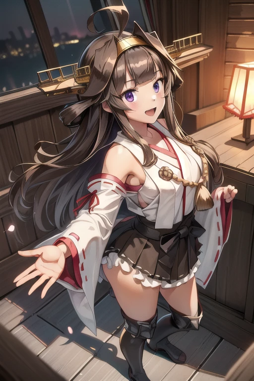 Warship King Kong, black, Ahoge, Brown Hair, Double good, A bundle of hair, Hairbands, headgear, Long Hair, (Purple Eyes:1.1), 
Breaking Boots, Removable sleeves, kimono, Non-traditional Shrine Maiden, Ribbon trimming, Ribbon-trimmed sleeves, Thigh-high boots, Big sleeves,
壊す looking at viewer, smile, blush, whole body,Standing Break Living, Office Room, Break the lower body (masterpiece:1.2), Highest quality, High resolution, unity 8k wallpaper, (shape:0.8), (Beautiful details:1.6), Highly detailed face, Perfect lighting, Highly detailed CG, (Perfect hands, Perfect Anatomy),(panties) Skirt Lift,