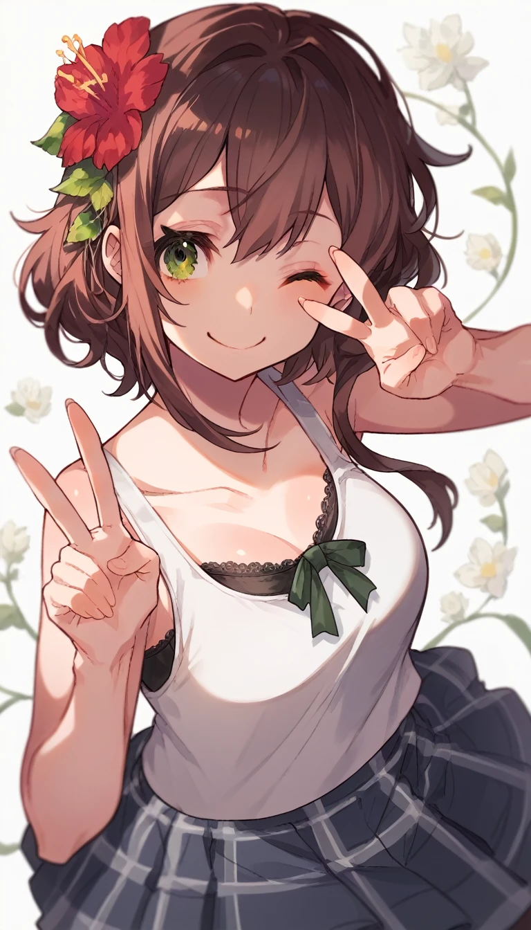 masterpiece, best quality, very aesthetic, absurdres,
1girl, mizuno ai, zombie land saga, brown hair, green eyes, flower, hair flower, bra t, tank top , plaid skirt, closed mouth, smile, peace sign,one eye closed, 