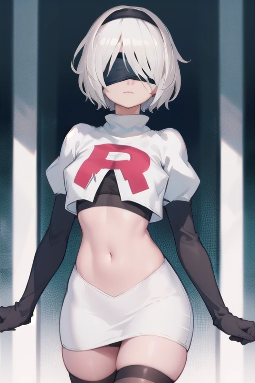 2b, 2b, (black blindfold:1.5), black hairband, blindfold, hairband, short hair, white hair,
BREAK hairband, robot, team rocket,team rocket uniform, red letter R, white skirt,white crop top,black thigh-highs,black elbow gloves,
BREAK looking at viewer,
BREAK (masterpiece:1.2), best quality, high resolution, unity 8k wallpaper, (illustration:0.8), (beautiful detailed eyes:1.6), extremely detailed face, perfect lighting, extremely detailed CG, (perfect hands, perfect anatomy),