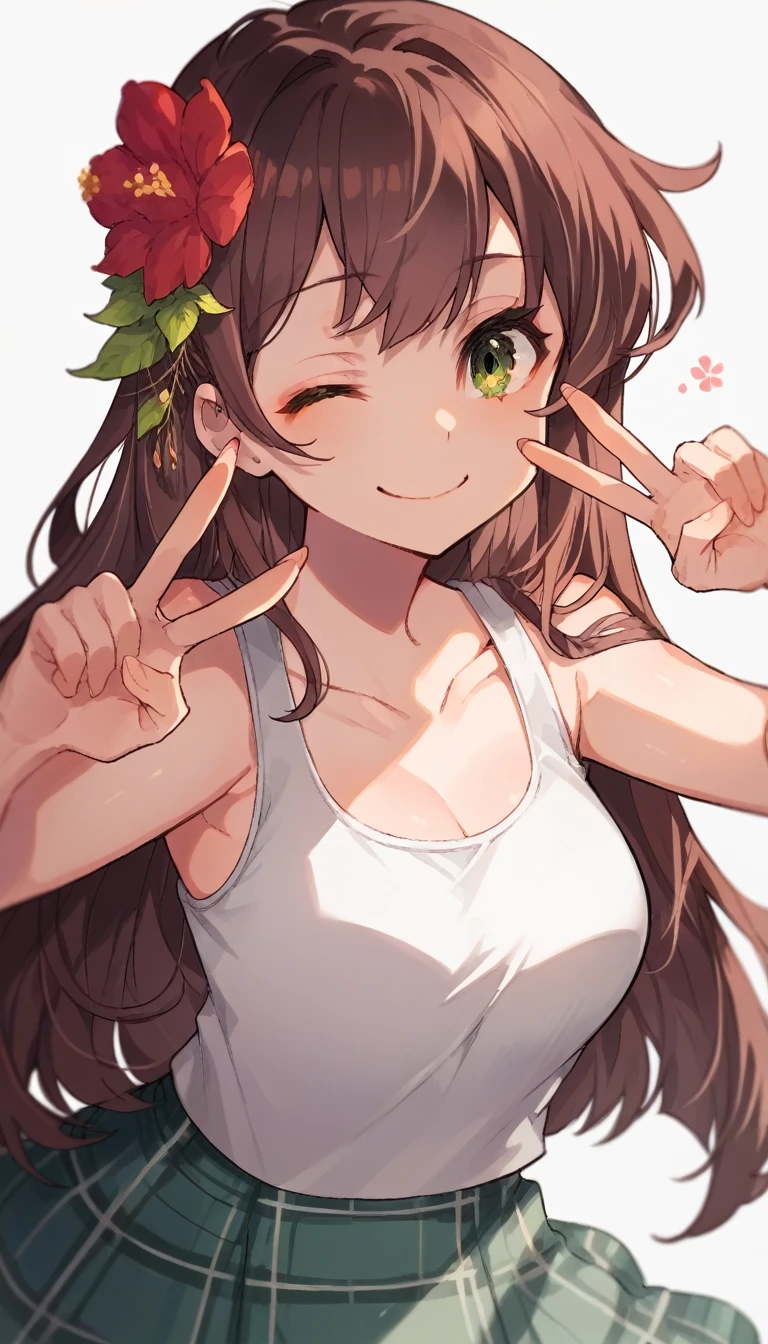 masterpiece, best quality, very aesthetic, absurdres,
1girl, mizuno ai, zombie land saga, brown hair, green eyes, flower, hair flower, bra t, tank top , plaid skirt, closed mouth, smile, peace sign,one eye closed, one hand