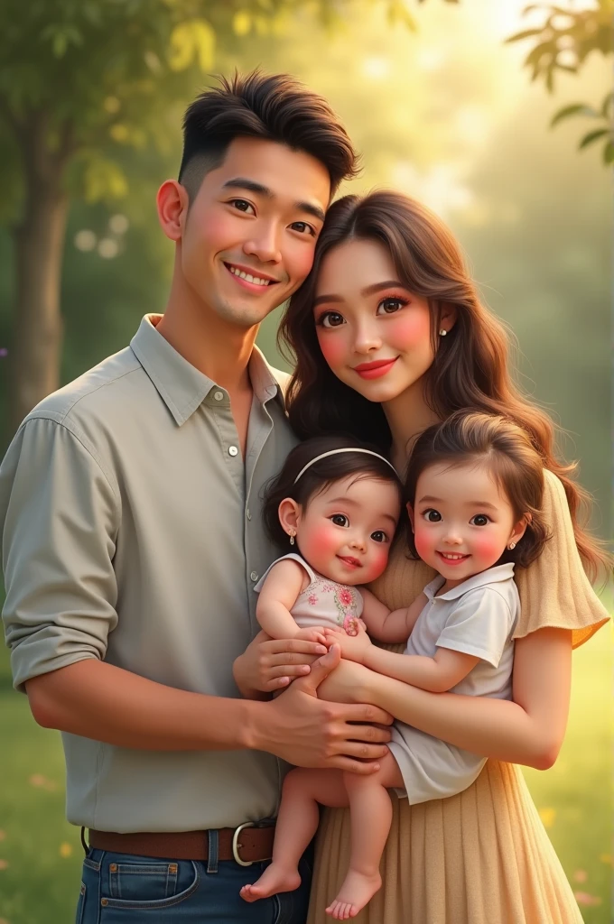 a family include : wife is woman, husband is man, a daughters 2 years old,a daughters 5 years old, take a picture where best nature,cute face, light smile,happy, best quality