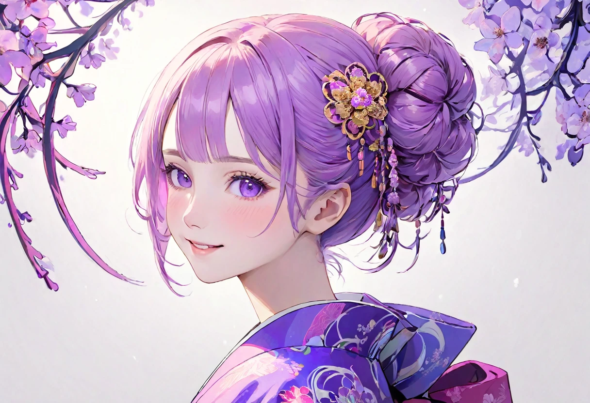 (((White background)))、2、Unity 8k wallpaper、Super detailed、Beautiful and aesthetic、masterpiece、Highest quality、(Fractal Art:1.3)、One Woman、, violet eyes, Beautiful violet  hair、Japanese、Big pink、Violet kimono、Japanese..., violet hair, violet eyes, hair bun, smile