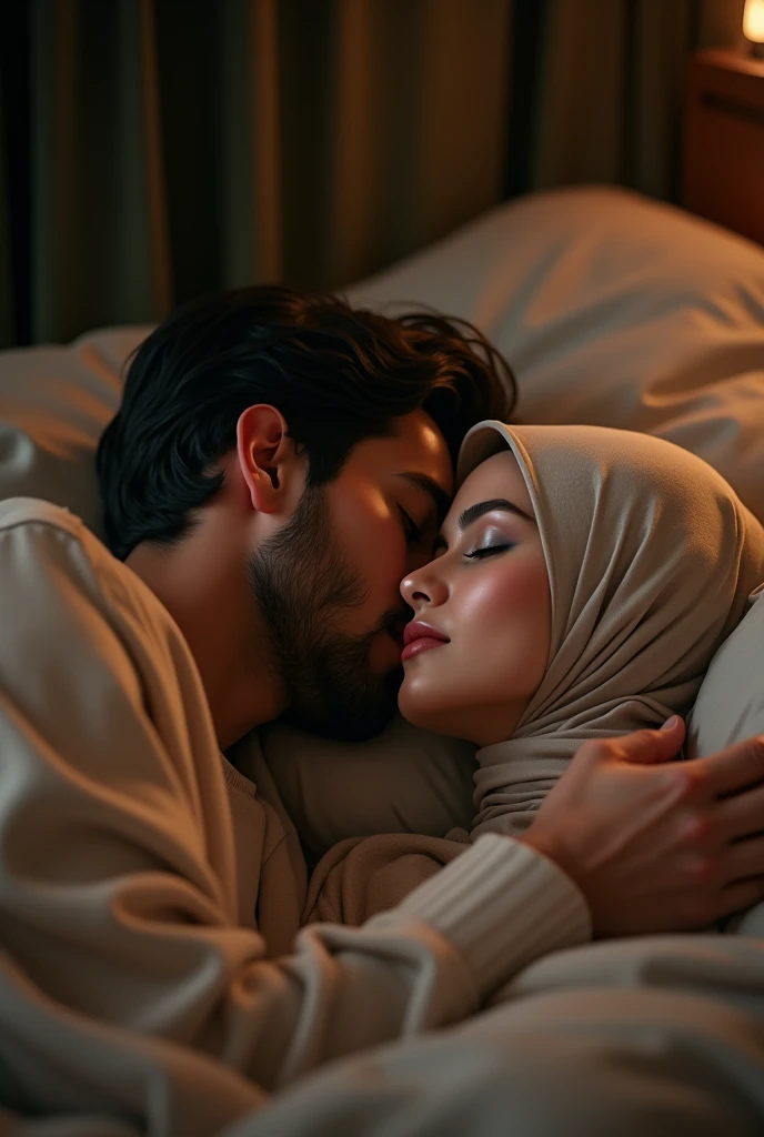 Buatkan stiker 3D seorang pemuda tampan sedang memeluk seorang gadis cantik berhijab sambil berbaring di ranjang.auto contrast and brigthnes, light and shadow, crazy detail, hyper realistis, ultra hd quality, 8k