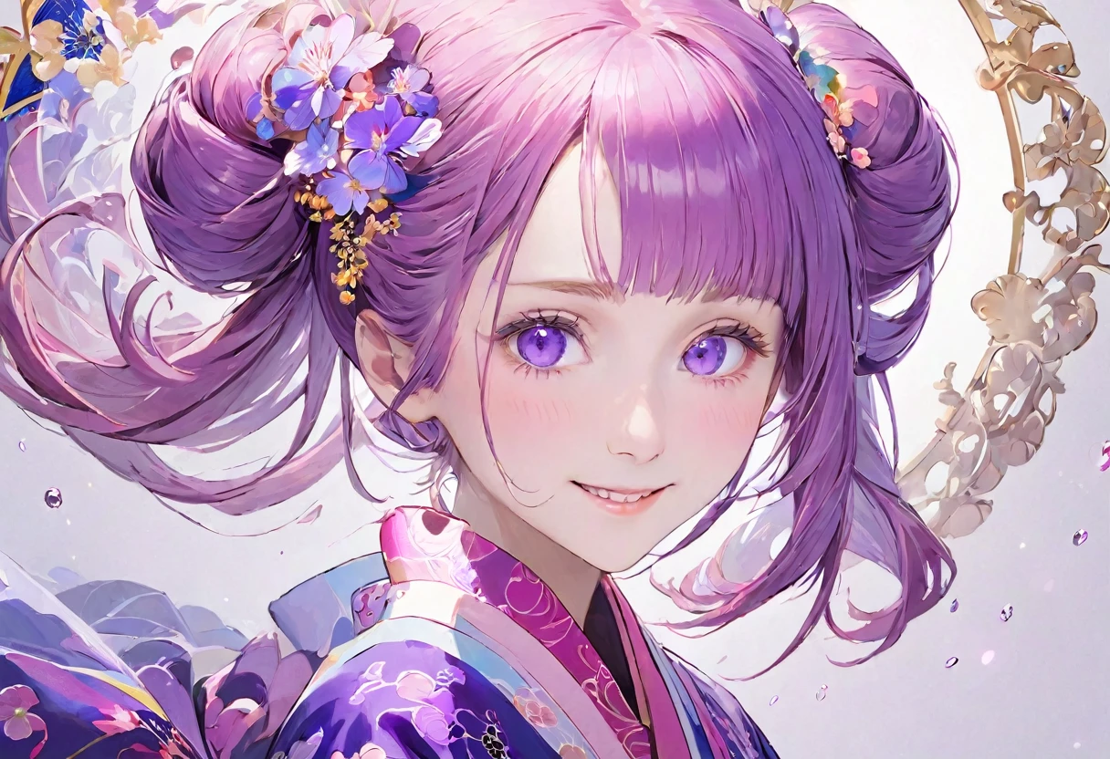 (((White background)))、2、Unity 8k wallpaper、Super detailed、Beautiful and aesthetic、masterpiece、Highest quality、(Fractal Art:1.3)、One Woman、, violet eyes, Beautiful violet  hair、Japanese、Big pink、Violet kimono、Japanese..., violet hair, violet eyes, hair bun, smile