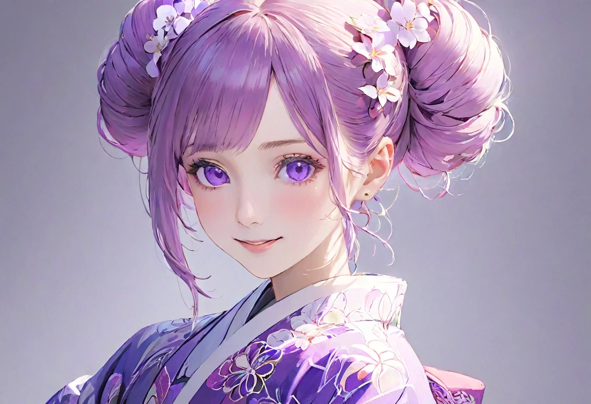 (((White background)))、2、Unity 8k wallpaper、Super detailed、Beautiful and aesthetic、masterpiece、Highest quality、(Fractal Art:1.3)、One Woman、, violet eyes, Beautiful violet  hair、Japanese、Big pink、Violet kimono、Japanese..., violet hair, violet eyes, hair bun, smile