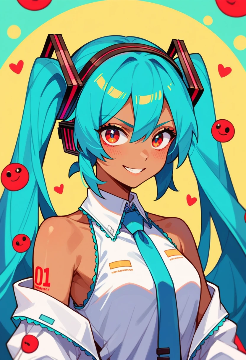 masterpiece, Hatsune Miku, White shirt, Blue tie, [Bare shoulders, The sleeves are separated, Evil Smiley Face, Dark Skin, Red eyes, black eye, Orange pupil,