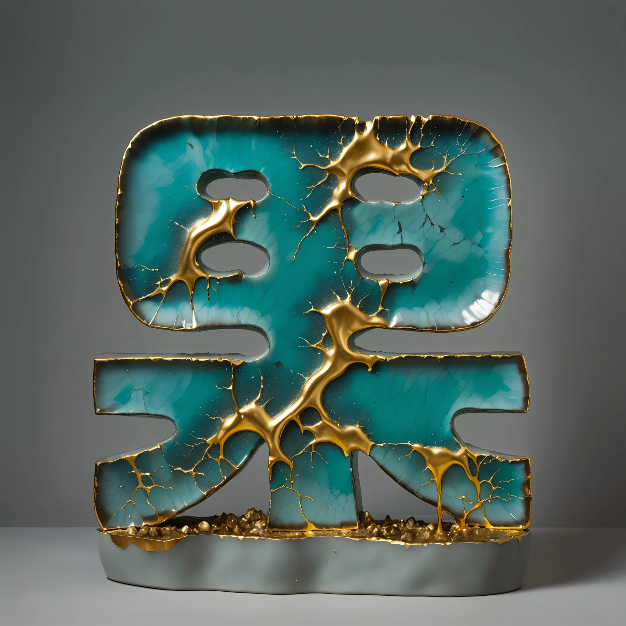 ((exhibit,Still Life Table,Artistic statues,3D Sculpture,ceramics,Surface cracks,Shattered Texture)), Show the beauty of nature.Kaneko,Gold Dust, This artwork is presented on a grey background,Emphasize its artistic quality.