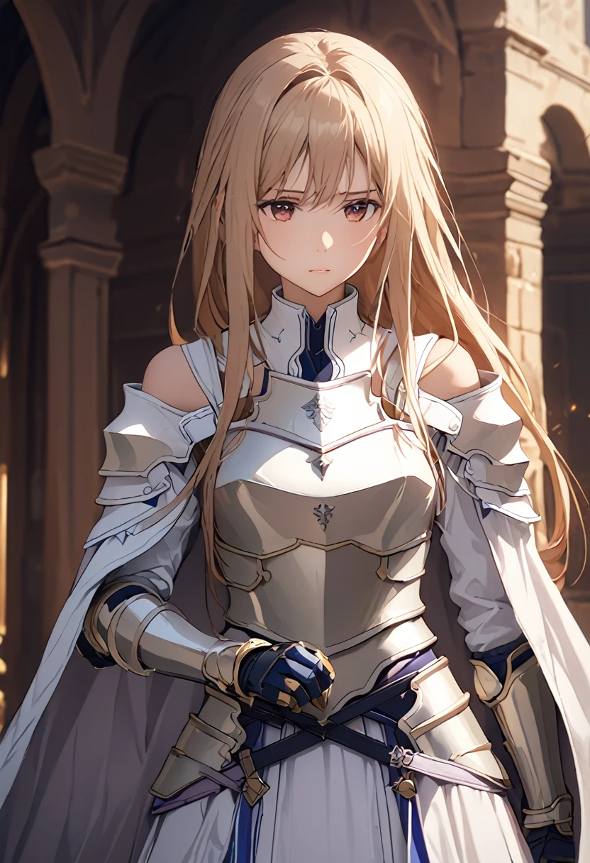 ((masterpiece)), Highest quality, Very detailed,(1 person&#39;S), Yuuki as a costume, Long Hair, bangs, Brown Hair, Brown eyes, very Long Hair, Braiding,
dress, Cape, armor, white dress, Shoulder armor, Gauntlet, Scapula, chest当て, armored dress, Fail, white Cape, [knight, white armor, body armor,
 Long Hair, Beautiful background ,clothing,  chest, 