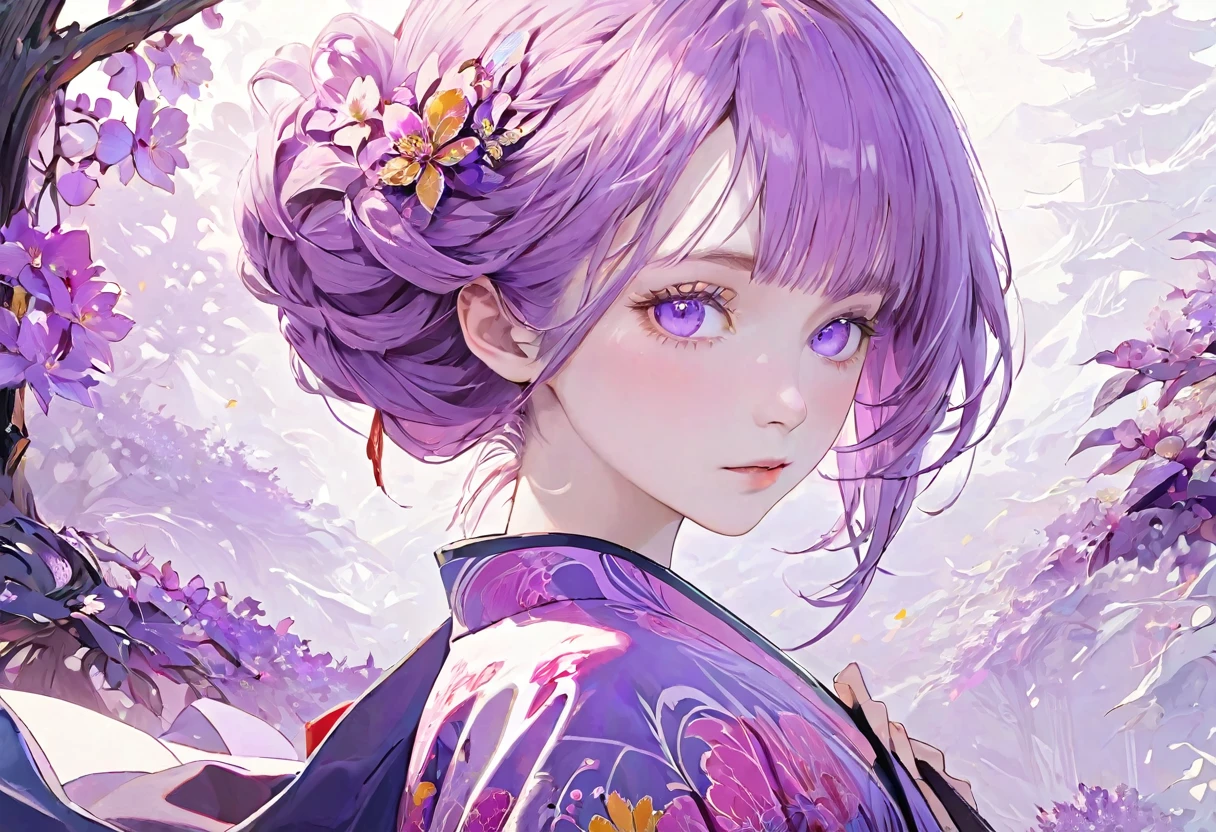 (((White background)))、2、Unity 8k wallpaper、Super detailed、Beautiful and aesthetic、masterpiece、Highest quality、(Fractal Art:1.3)、One Woman、, violet eyes, Beautiful violet  hair、Japanese、Big pink、Violet kimono、Japanese..., violet hair, violet eyes, chignon, 笑顔