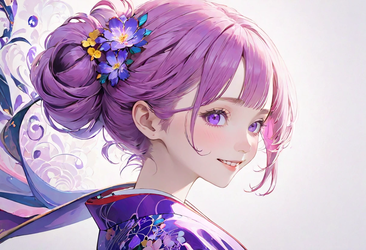 (((White background)))、2、Unity 8k wallpaper、Super detailed、Beautiful and aesthetic、masterpiece、Highest quality、(Fractal Art:1.3)、One Woman、, violet eyes, Beautiful violet  hair、Japanese、Big pink、Violet kimono、Japanese..., violet hair, violet eyes, hair bun, smile