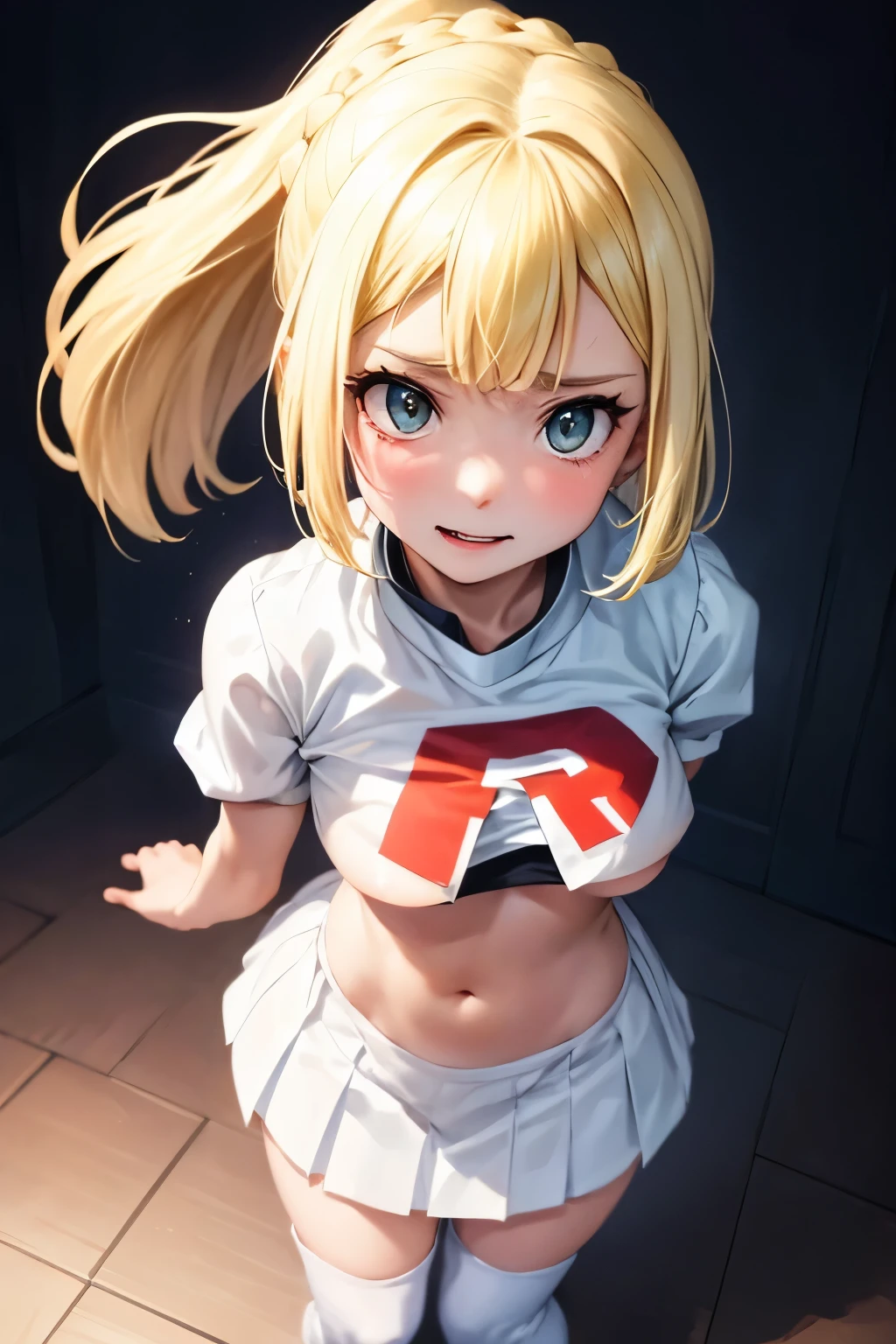 (8k, raw photo, masterpiece, extremely detailed, best quality, professional lighting, high res), BREAK beautiful and adorable girl, AALILLIE, LONG HAIR, PONYTAIL, FRENCH BRAID, WHITE SHIRT, SHORT SLEEVES, WHITE SKIRT, PLEATED SKIRT, energetic girl, humble, grown-up looking, BREAK southern island, BREAK team rocket uniform, white jacket, white skirt, thighhigh boots, midriff, red character "R" on the breast, BREAK (evil grin, sexy, submission, ingratiating, she has very strong sexual desire, she is submitting evil organization, standing), BREAK (view from above, she is looking up the viewer, extreme close up model:1.2), BREAK 8k, raw photo, masterpiece, extremely detailed, best quality, only 1 girl, nsfw, beautiful girl, high quality, (she is looking up the viewer:1.2), front view, (bitch, lewd, blush, (a girl begs the viewer desperately to have sex with herself:1.3), (she has a very strong desire to have sex:1.2), she is dying to have sex, sweat drop, drool, love juice, tear drops, (small tits, nipples), pussy, (pubic hair:1.2), nude, sexual arousal, estrus, lust, shouting, (ingratiating, groveling:1.2), obsequious, tear-filled eyes, dynamic, desperation, desperately miserable:1.2)