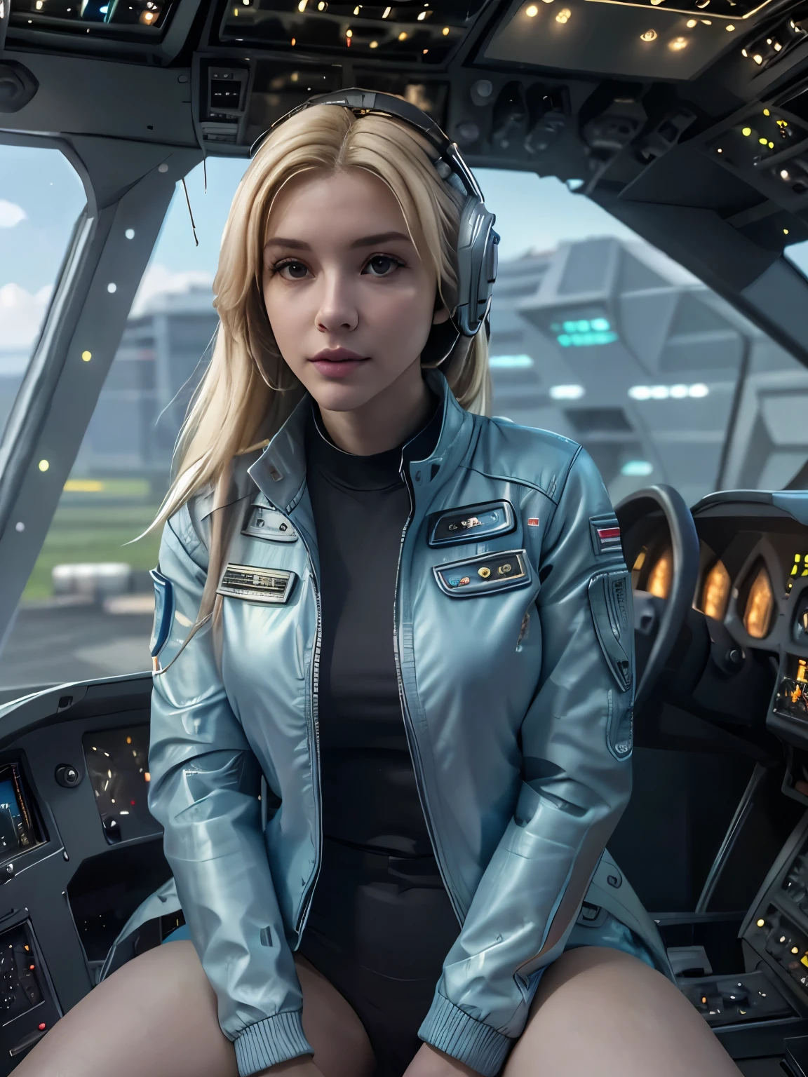 (best quality, 4k, 8k, highres, masterpiece:1.2) arafed "Man and blonde Girl" in a big cockpit, light blue and grey jacket sitting in a cockpit, cinematic body shot, Future spaceship pilot guy, year 2800, video compression,looking in to the spacecraft, (photorealistic:1.4) (Wide angle view)