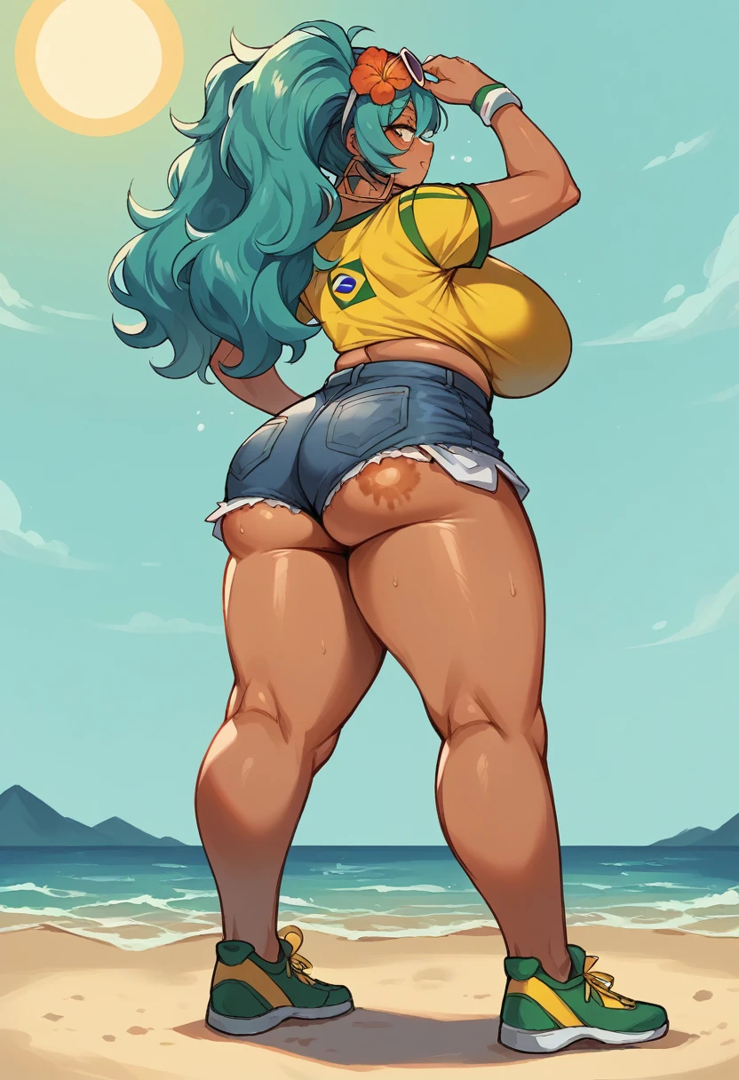 Brazilian Miku, dark skin, Brazilian sportswear, blue big twin ponytails, Super huge big breasts breast enlargement, plump butt shorts, standing alone on the beach, sunglasses, flower headdress, soda in hand, plump thighs, sun marks, denim shorts, full-body shot 