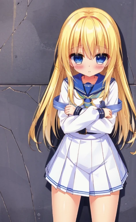 Beautiful long blonde　Blue Eyes　Sailor suit　mini skirt　Pleated skirt　Shyness　Watery eye　prison　dungeon-background　Chained handcuffs　chained to the wall　Handcuffed　arms up