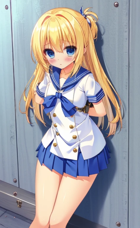 Beautiful long blonde　Blue Eyes　Sailor suit　mini skirt　Pleated skirt　Shyness　Watery eye　prison　dungeon-background　Chained handcuffs　chained to the wall　Handcuffed　arms up