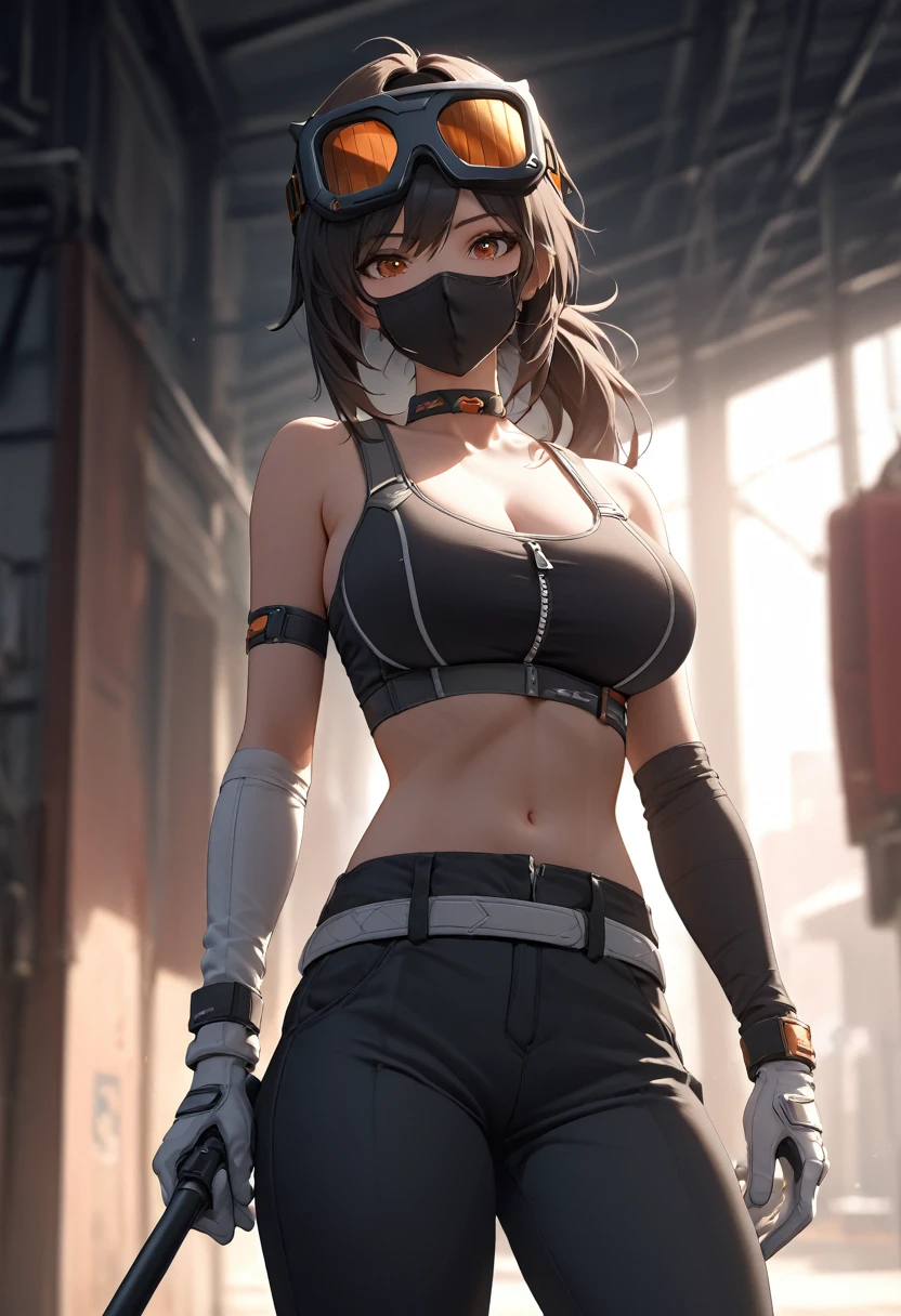 muscular girl large breasts black hair yellow eyes pale skin sad