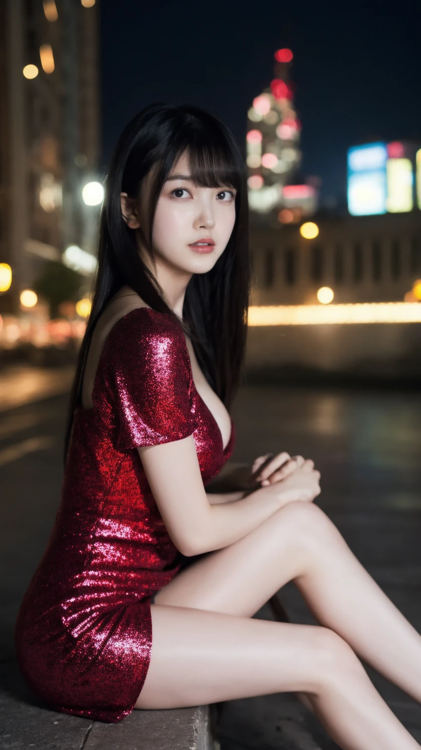 1girl,(wearing a red glittery evening mini dress:1.2),(RAW photo, best quality), (realistic, photo-realistic:1.4), masterpiece, an extremely delicate and beautiful, extremely detailed, 2k wallpaper, Amazing, finely detail, extremely detailed CG unity 8k wallpaper, ultra-detailed, highres, soft light, beautiful detailed girl, extremely detailed eyes and face, beautiful detailed nose, beautiful detailed eyes,cinematic lighting,city lights at night,slender body,(long hair with bangs), big breast:1.5, full body:1.4, sitting.