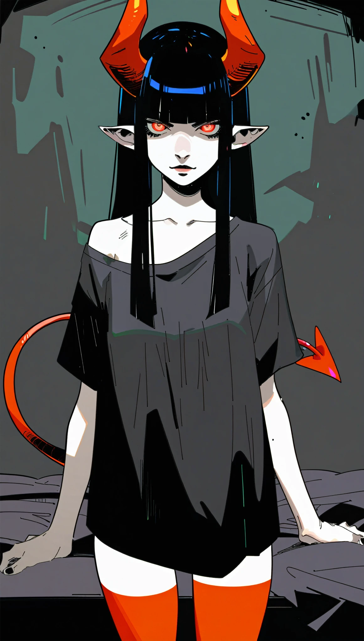 source_anime, score_9, score_8_up, score_7_up, score_6_up, hds style, cel shading, linear hatching, dark theme, (dark background:0.8), low light, looking at viewer, lightly curled black hair, long hair, blunt bangs, black-red imp horns, grey eyes, black-red spaded tail, small breasts, oversized shirt, pale skin, pointy ears, collarbone, bedroom, night, glowing eyes