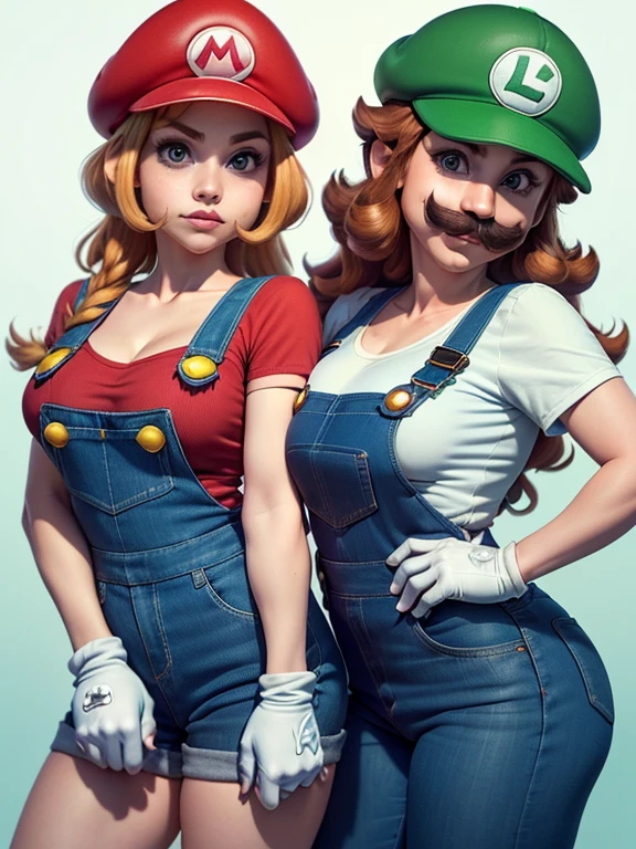 2 girls line up, (girl cosplaying as Mario and girl cosplaying as Luigi, a girl dressed as Mario has {brown bob hair} and Brown big eyes, super cute slightly round face, is wearing Mario's red Casquette, a red shirt, blue overalls, and white gloves), (the other 1 girl dressed as Luigi has {blond wavy hair] and pale Blue big eyes, very beautiful slightly narrow face, is wearing Luigi's green Casquette, a green shirt, blue overalls, and white gloves), (Both of them are wearing blue overalls and fake moustaches:1.1, Both of them are leaning forward to emphasize their Big breasts:1.1), background is the pink Mushroom Kingdom, ((masterpiece, best quality, high resolution))