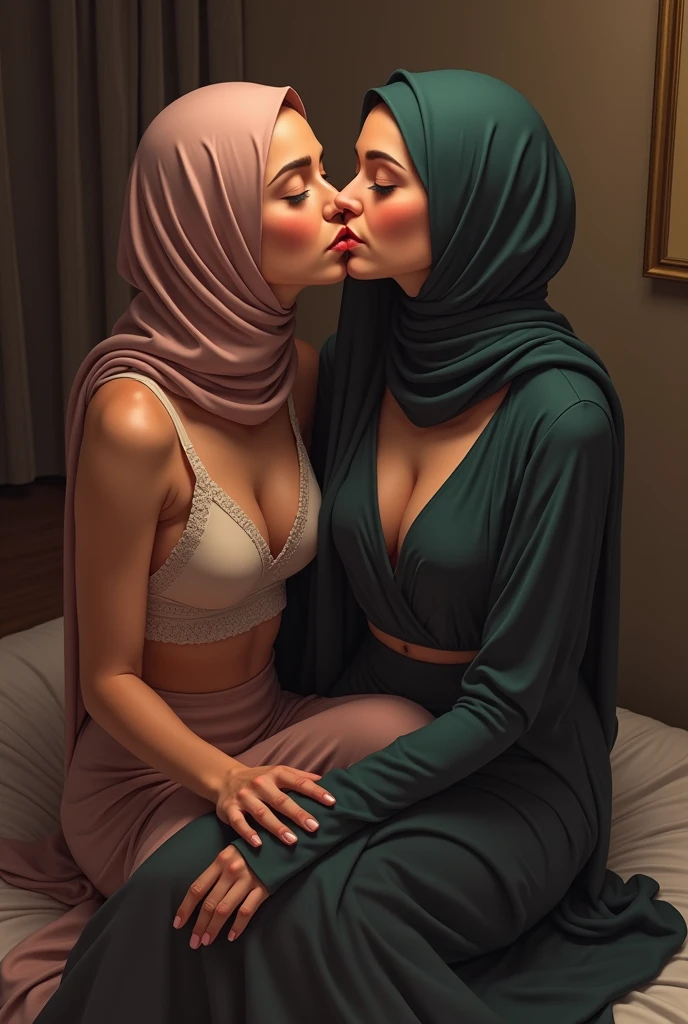 Cinematic, RAW, realistic graphics, realistic textures, Best quality, high resolution, Masterpiece, High-definition, ultra-detailed, ultra-realistic rendering, soft focus, ultra-hd, realistic body proportions, 2 girls, 18 year old, pretty face, hot body, cute eyes, ((hijab)), tight tshirt, no pants, in bedroom, detailed bedroom, (((pooping on the floor))), (((poop dripping from ass))), (((intimately kissing her sister on the lips))), emotionally charged moment, close relationship, affectionate gesture, (((full body view)))