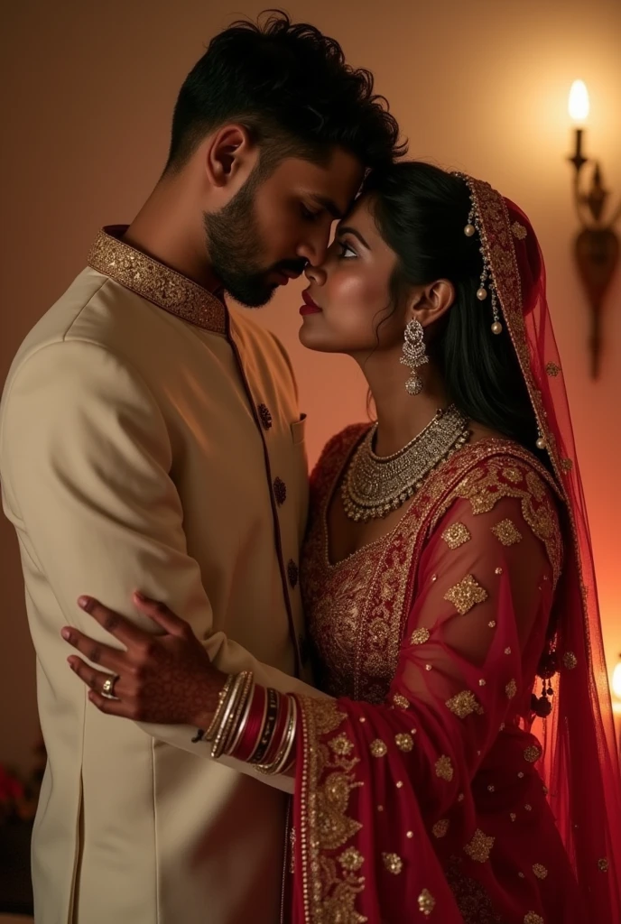 35mm film photography, A middle-aged Caucasian man with short dark hair tenderly embracing and kissing a young, curvaceous South Indian bride dressed in a traditional Indian dawani in a comfortable living room. A group of three Caucasian men observing the couple., high detail, split gradient colors background, full body image