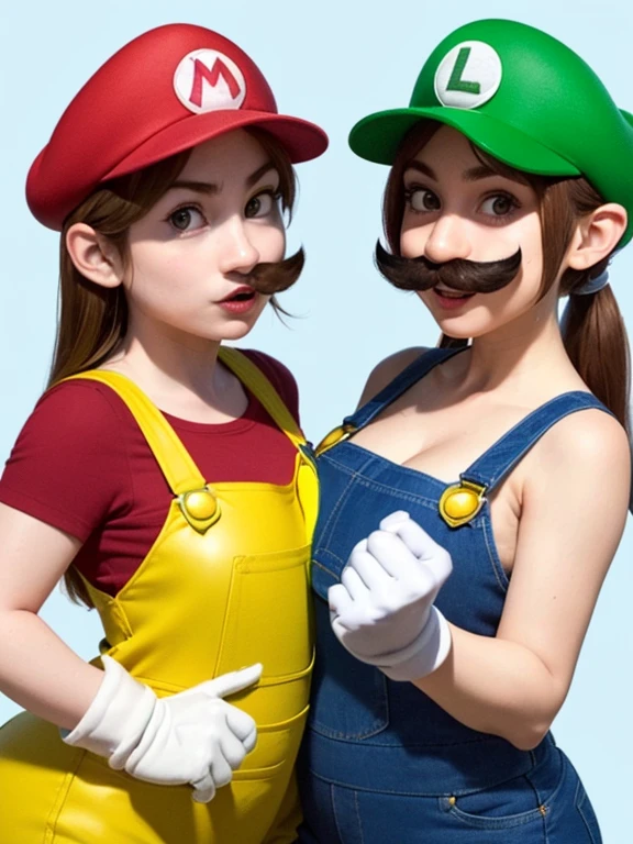 2 girls line up, (girl cosplaying as Mario and girl cosplaying as Luigi, a girl dressed as Mario has {brown bob hair} and Brown big eyes, super cute slightly round face, is wearing Mario's red Casquette, a red shirt, blue overalls, and white gloves), (the other 1 girl dressed as Luigi has {blond wavy hair] and pale Blue big eyes, very beautiful slightly narrow face, is wearing Luigi's green Casquette, a green shirt, blue overalls, and white gloves), (Both of them are wearing blue overalls and fake moustaches:1.1, Both of them are leaning forward to emphasize their Big breasts:1.1), background is the pink Mushroom Kingdom, ((masterpiece, best quality, high resolution))