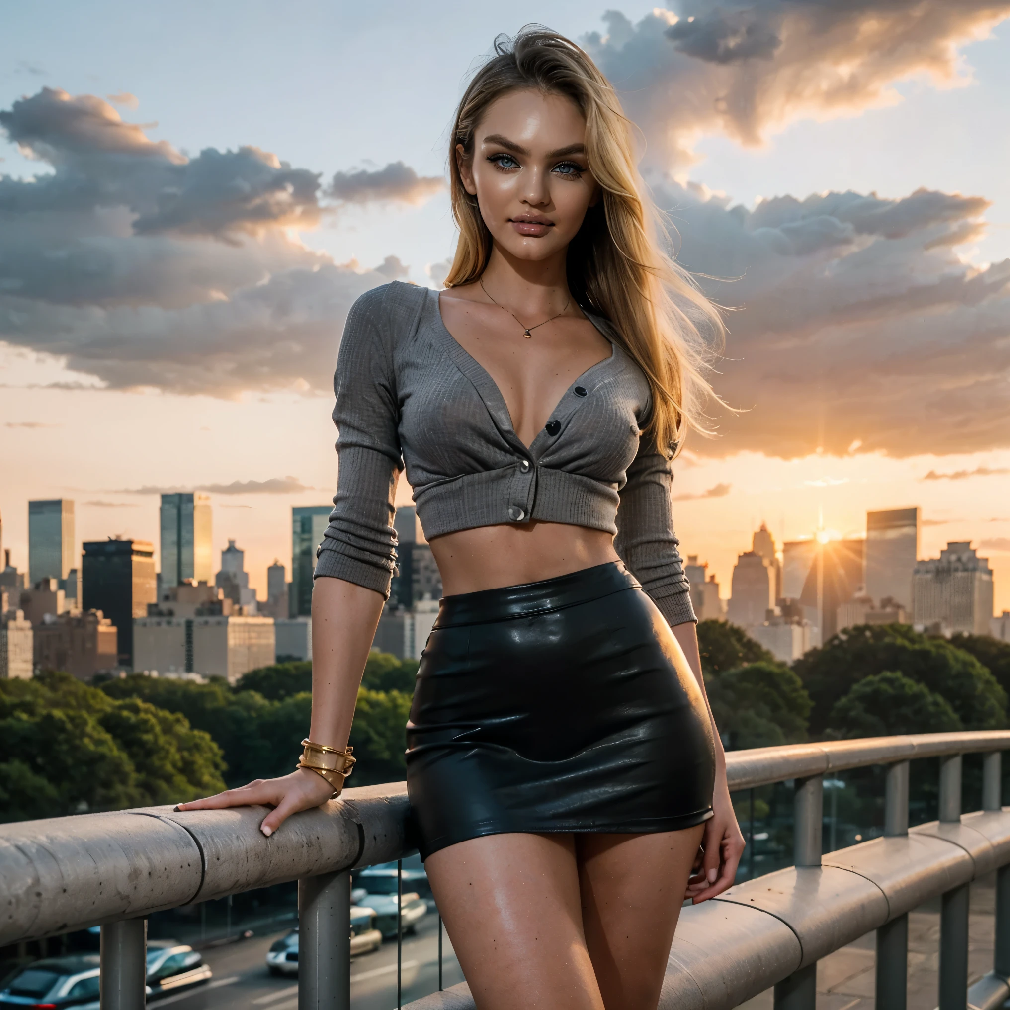 (Best Quality), (ultra-detailliert), (master piece), (hight resolution), 16K resolution, 1 woman, alone, 20 years old, Candice Swanepoel, looking at viewer, full body shot, sassy smile, lustful facial expression, (naughty:1.9), (seductive:1.9), (escort:1.8), (grey low cut blouse:1.2). (black leather mini micro skirt:1.2), golden necklace with ruby, (bangles:1,2), bracelets, ((grey eyes, realistic eyes)), (long blonde hair:1.7), (beautiful and detailed face, (contoured cheekbones:1.5)), supermodel, big natural breasts, slender waist, thin body, narrow shoulders, clean sunbuthed skin, skyscrapers in background, on top of a scyscraper, modern city, (new york skyline:1.0), (on penthouse rooftop:1.0), (Central Park in background:1.1), (stunning view:1.0) (sunrise:1.4)
