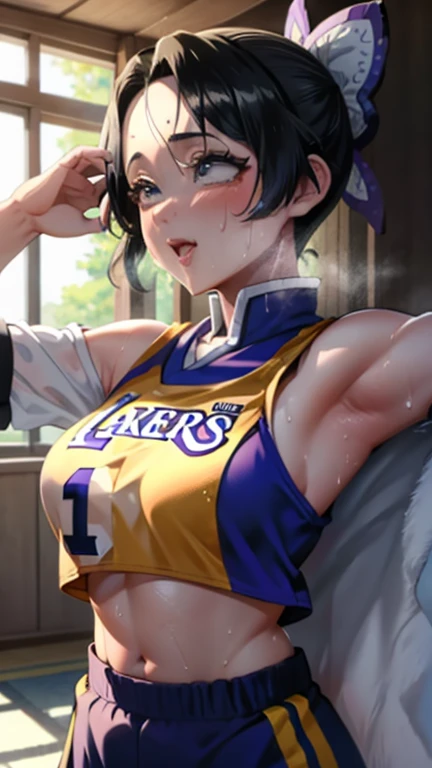 Close-up of a person in a basketball uniform, picture, Inspired by Kentaro Miura, Topics on pixiv, Shinobu Kochou, Demon slayer, Kimetsu no Yaiba, Wearing a yellow NBA jersey, yellow Crop top nba jersey, wearing a low cut Crop top, wearing Crop top, Crop top, written "Lakers" on the Crop top, Golden Light, (Wink), shirobako, big)}], Favorite scene, The finer details. anime. skin, sweating, Big Breasts, Hands raised, Underarm, Underarm visible, Sweat dripping, Sweat more, sweaty Underarm