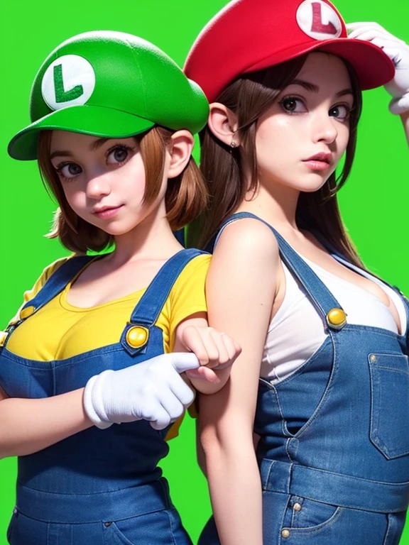 2 girls line up, (girl cosplaying as Mario and girl cosplaying as Luigi, a girl dressed as Mario has {brown bob hair} and Brown big eyes, super cute slightly round face, is wearing Mario's red Casquette, a red shirt, blue overalls, and white gloves), (the other 1 girl dressed as Luigi has {blond wavy hair] and pale Blue big eyes, very beautiful slightly narrow face, is wearing Luigi's green Casquette, a green shirt, blue overalls, and white gloves), (Both of them are wearing blue overalls and fake moustaches:1.4, Both of them are leaning forward to emphasize their Big breasts:1.1), background is the pink Mushroom Kingdom, ((masterpiece, best quality, high resolution))