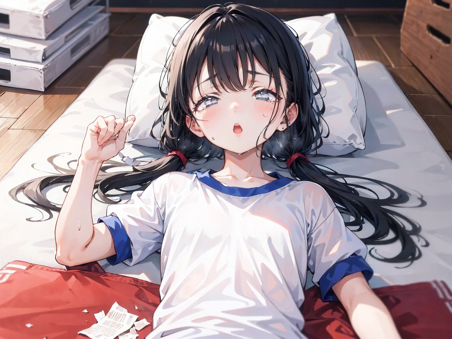  (Put your head on the pillow), (Cover your chest with a blanket), Head to chest composition, Depiction of the upper body, high school student,With both hands up and messy, /(Long Black Hair/), (Neat, shiny, long hair), Eyes open,  (16:00 AM), (evening) Sunset, The whole body is covered in oilで光沢感がある　Tear up rolled tissue paper,　 Crumpled tissue paper, A small piece of tissue paper that fell to the ground,　Excessive sweating on the face,Dripping sweat,Sleeping on a mat,　Dirty duvet　Very old thick mat ,In the gym storeroom,　There are a lot of used tissues on the floor ,　Crumpled trash is scattered all over the place.,　A room cluttered with used tissues,A mat cluttered with used tissues　、Embarrassing　Dimly lit room　Hardwood Floors　Used rolled up tissues scattered around、The upper body is school&#39;Designated white gym uniform., Blue Sleeve、The lower half of the body is blue bloomers、Close-fitting shorts、high school student、Illustration Style　Anime Style　Mouth wide open、Mouth is wide、　beautiful girl　Cheeks pink　super curly hair　Super long sideburns　Hairbands　Big eyes　Droopy eyes　Shocking Pink Rouge　Sweating profusely　Steam coming out of the whole body　Steam rises across the screen.　white breath　Haa　The whole body is covered in oil　evening　Overall orange background　Sunset sunshine
