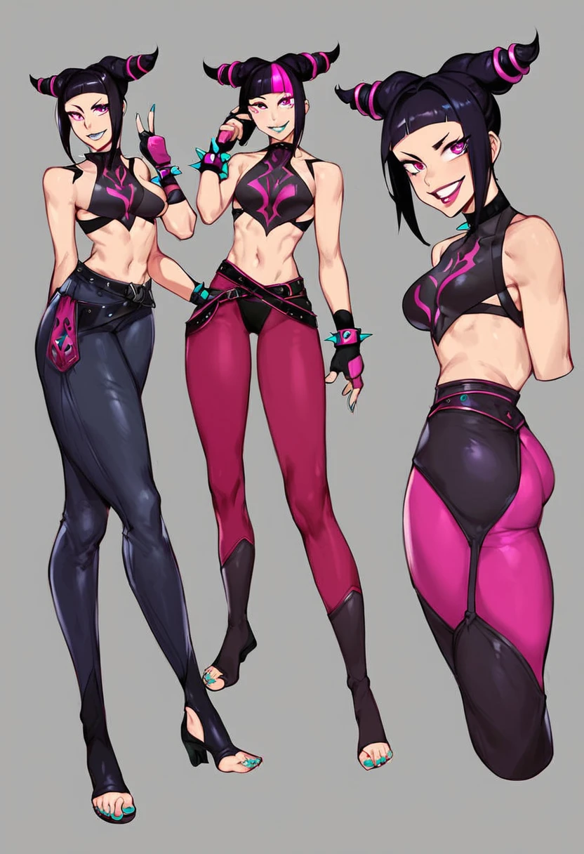 score_9, score_8_up, score_7_up, score_6_up, high quality, BREAK, (Juri Han) , black hair,two-drill hair, purple iris, detailed eyes, bangs, multicolored hair,streaked hair, makeup, lipstick fingerless gloves,multiple belts, collar, spiked bracelet, aqua nails, chaps, baggy pants,toeless legwear, standing, upper body, evil smile, night club, (insanely detailed, beautiful detailed face,beautiful detailed eyes, masterpiece, best quality) , solo,