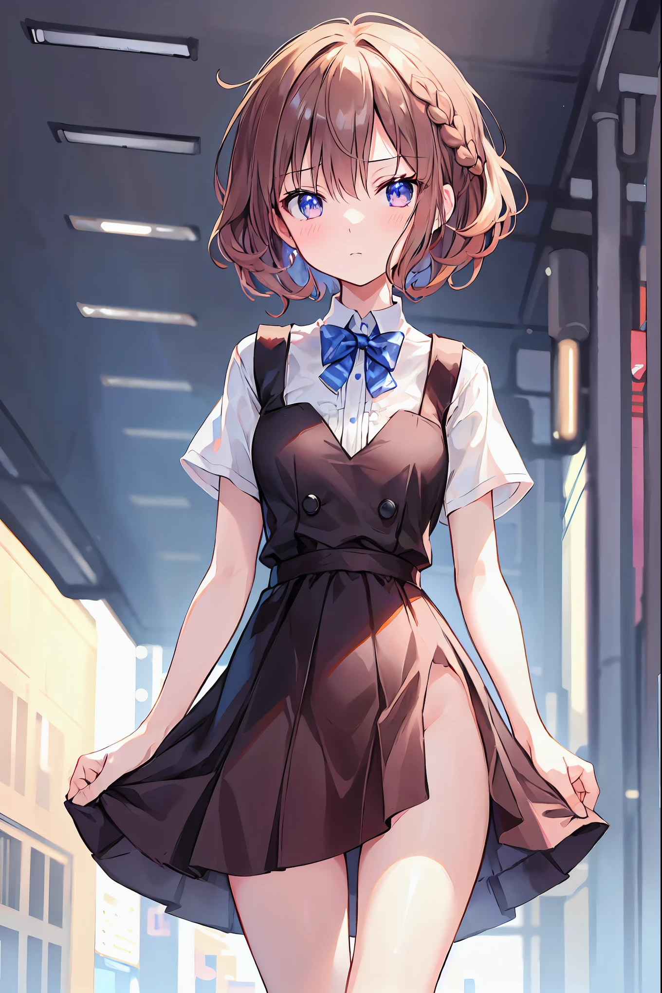 Brown Hair，Shortcuts，Messy Hair，Short braided hair，Slender beauty，A dignified posture，Small chest，Beautiful feet，Her captivating grey-blue eyes shine like stars，Slender body，Princess Dress，blush，Medium，Slim girl，White knee socks，Issued card，Head rope，blade，Waiting in front of the subway