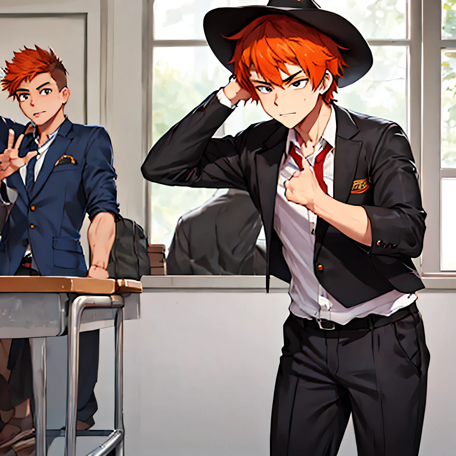 an atheist boy with orange hair, school clothes, disgusted face, cowboy hat, Strength Pose