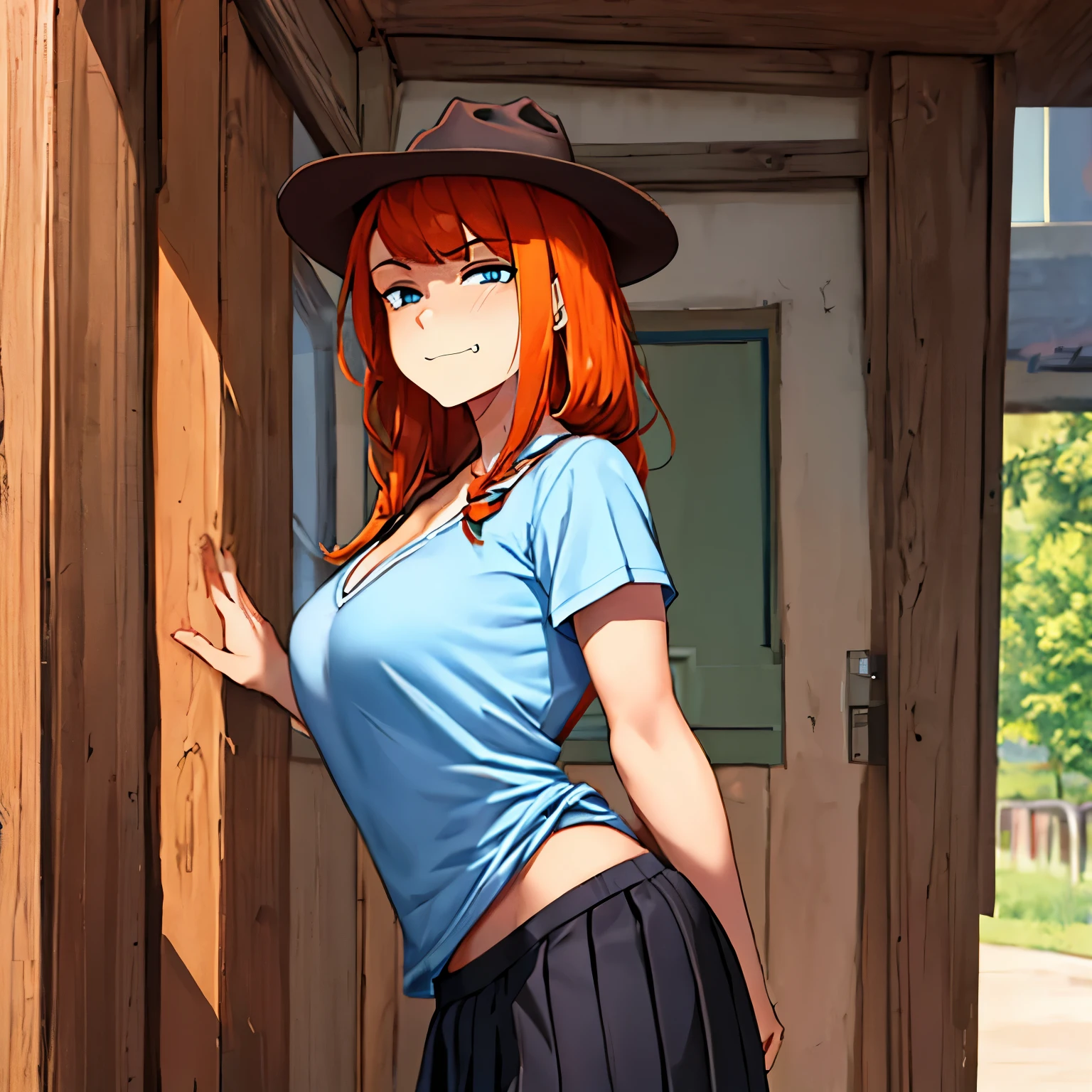 an atheist boy with orange hair, school clothes, disgusted face, cowboy hat, Strength Pose