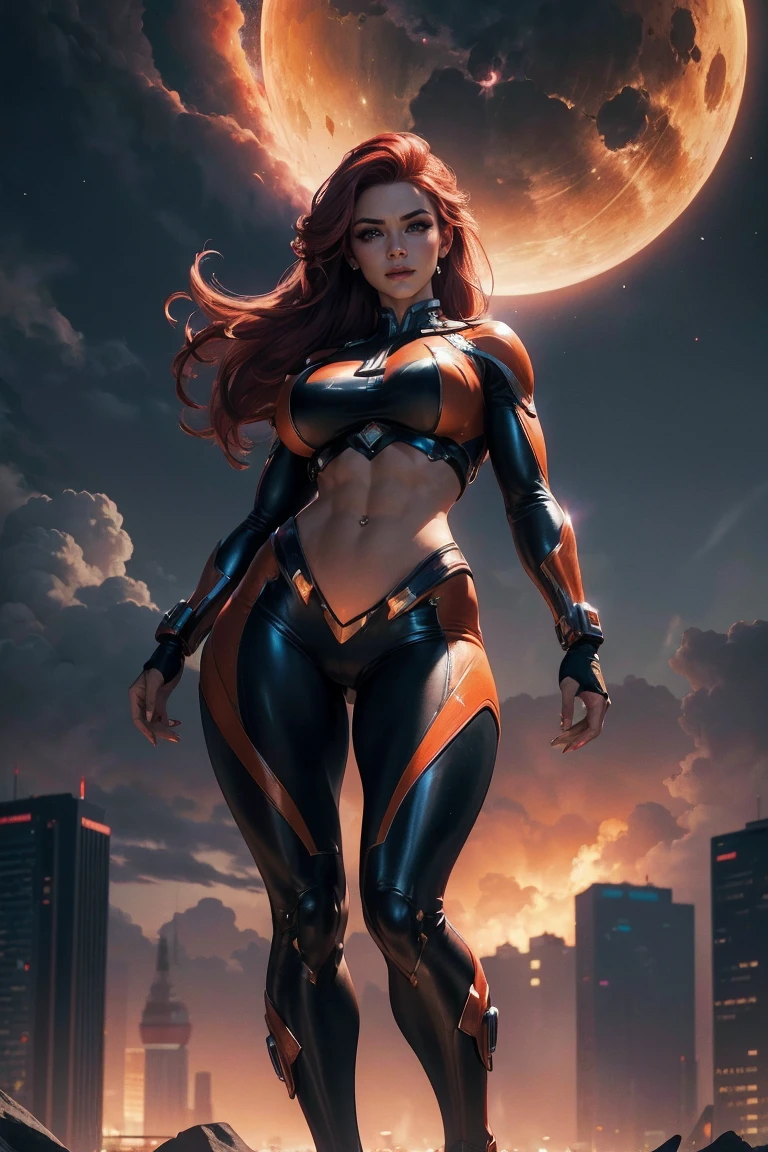 (best quality,4k,8k,highres,masterpiece:1.2),ultra-detailed,(realistic,photorealistic,photo-realistic:1.37),sexy overpowered cosmic superheroine, stellar powers,cosmic energy,cityscape background,spectacular flying pose,vibrant colors A gorgeous female, supermodel, mature, fire red hair, long nails, smirk, long nails, long legs, tatoo on abs, navel piercing, huge breasts, full body view