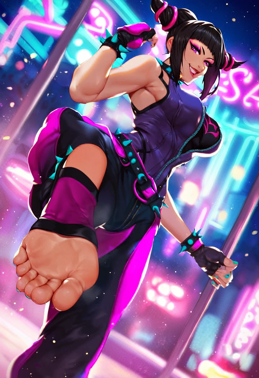 score_9, score_8_up, score_7_up,score_6_up, score_5_up, score_4_up , 1girl, solo, large breasts, mature female, Juri Han, purple eyes,makeup, lipstick, black hair, bangs, hair drills, multicolored hair,streaked hair, fingerless gloves,multiple belts, collar, spiked bracelet, aqua nails, chaps, baggy pants,toeless legwear, fighting stance, outdoors, city, night, neon lights, light particles, backlighting, smirk, from below, foot focus, perfect foot, perfect five toes 