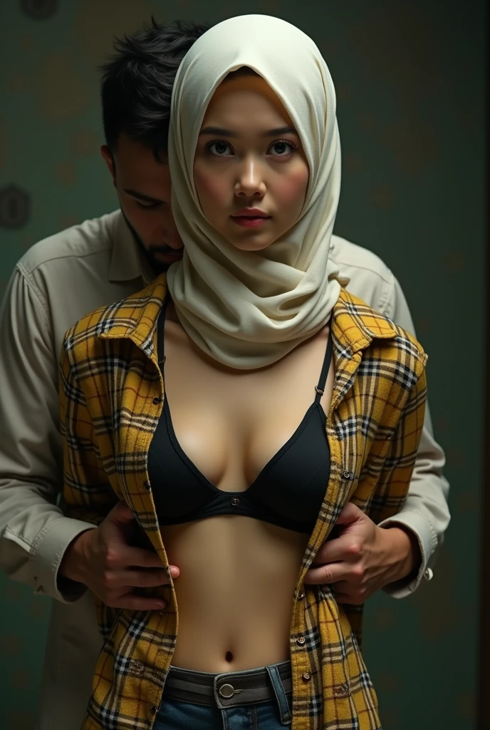 African black man lifting a pale skin Russian woman in straight hijab in room realistic photo photorealism 