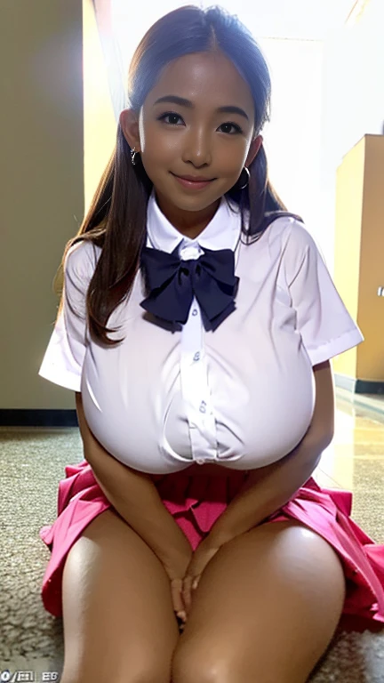 Beautiful indain woman、Black  Hair、wearing bunny head gear, Smiling with teeth showing、Huge breasts、Sexy body、Red tie、completely naked、Sitting with legs apart on the desk、In the classroom、Staring at camera, exposed breasts, hairy vagina