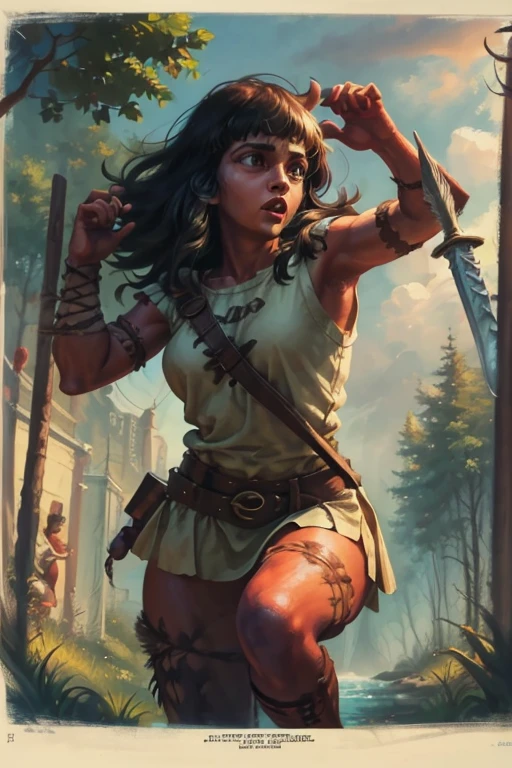 cartoon of a woman with a knife and two men with a sword, boris johnson as rambo, conan the barbarian illustration, full color illustration, three hairy neanderthal people, by Hugh Hughes, nirvana, by David Burton-Richardson, hd illustration, digitally painted, the beastmaster 1 9 8 5, by Gavin Hamilton, cartoon illustration, mad magazine illustration