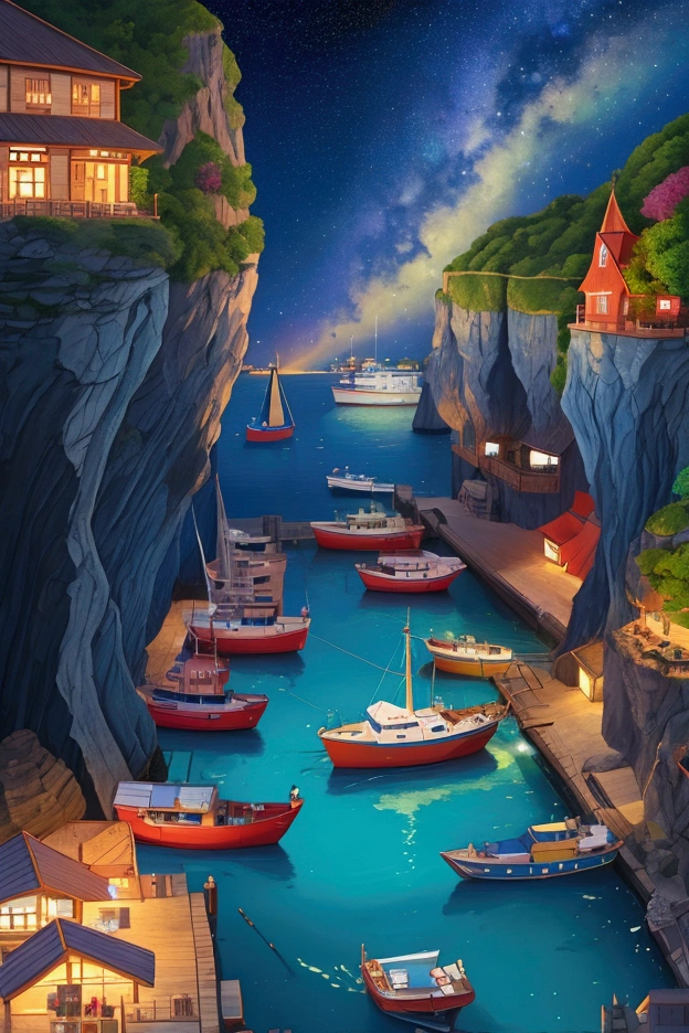 A lively fishing village with colorful boats docked at the pier, surrounded by enchanting cliffs and a shimmering sea under the night sky with starry. 2D cartoon illustration style